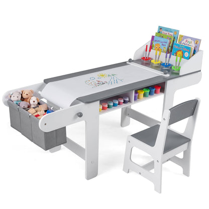 Kids Art Table with Paper Roll and Fabric Bins for Drawing Reading and Playing-Grey