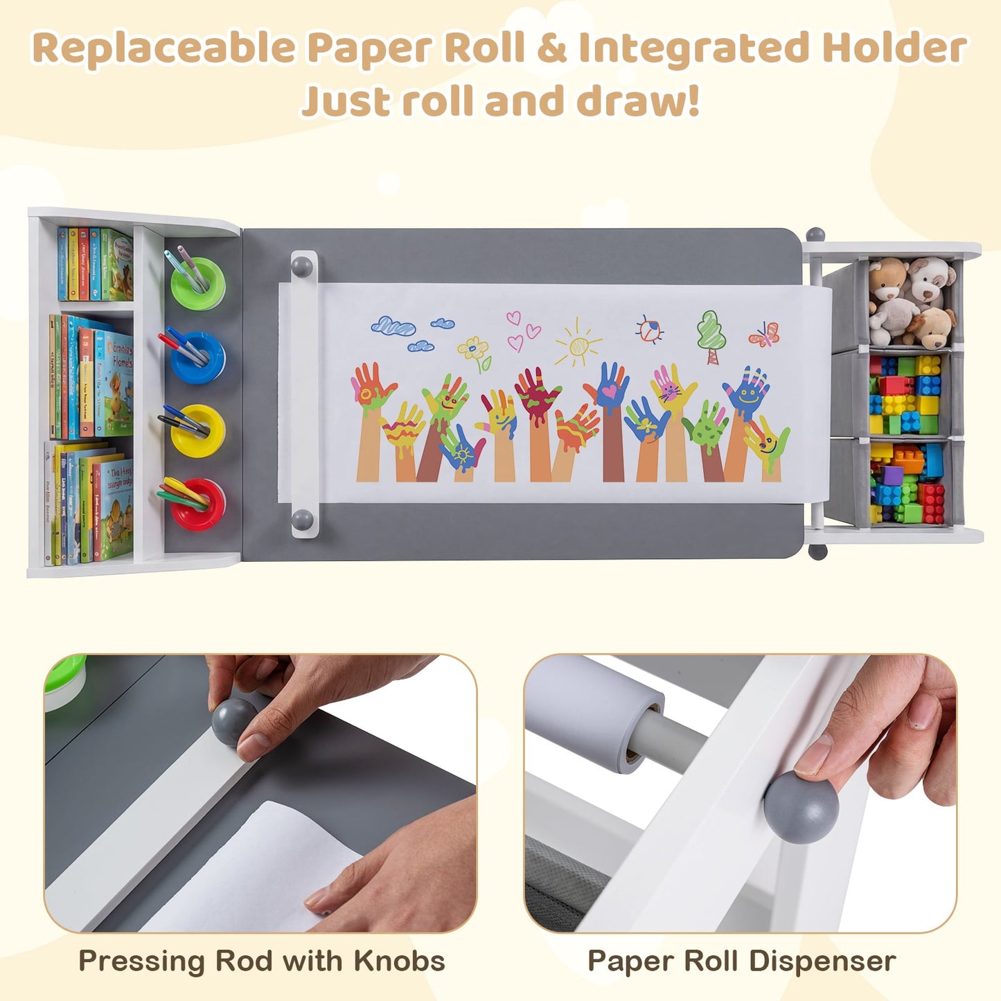 Kids Art Table with Paper Roll and Fabric Bins for Drawing Reading and Playing-Grey