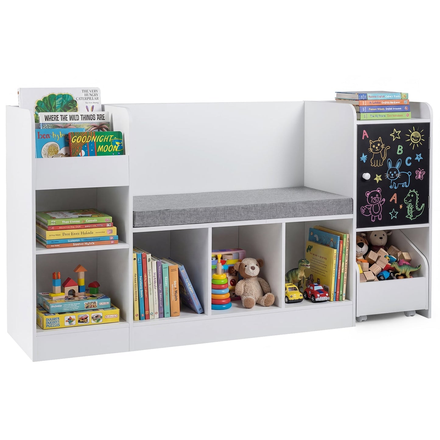 Kids Bookcase and Bookshelf with Reading Nook Toy Storage Organizer with Padded Seat Cushion-White