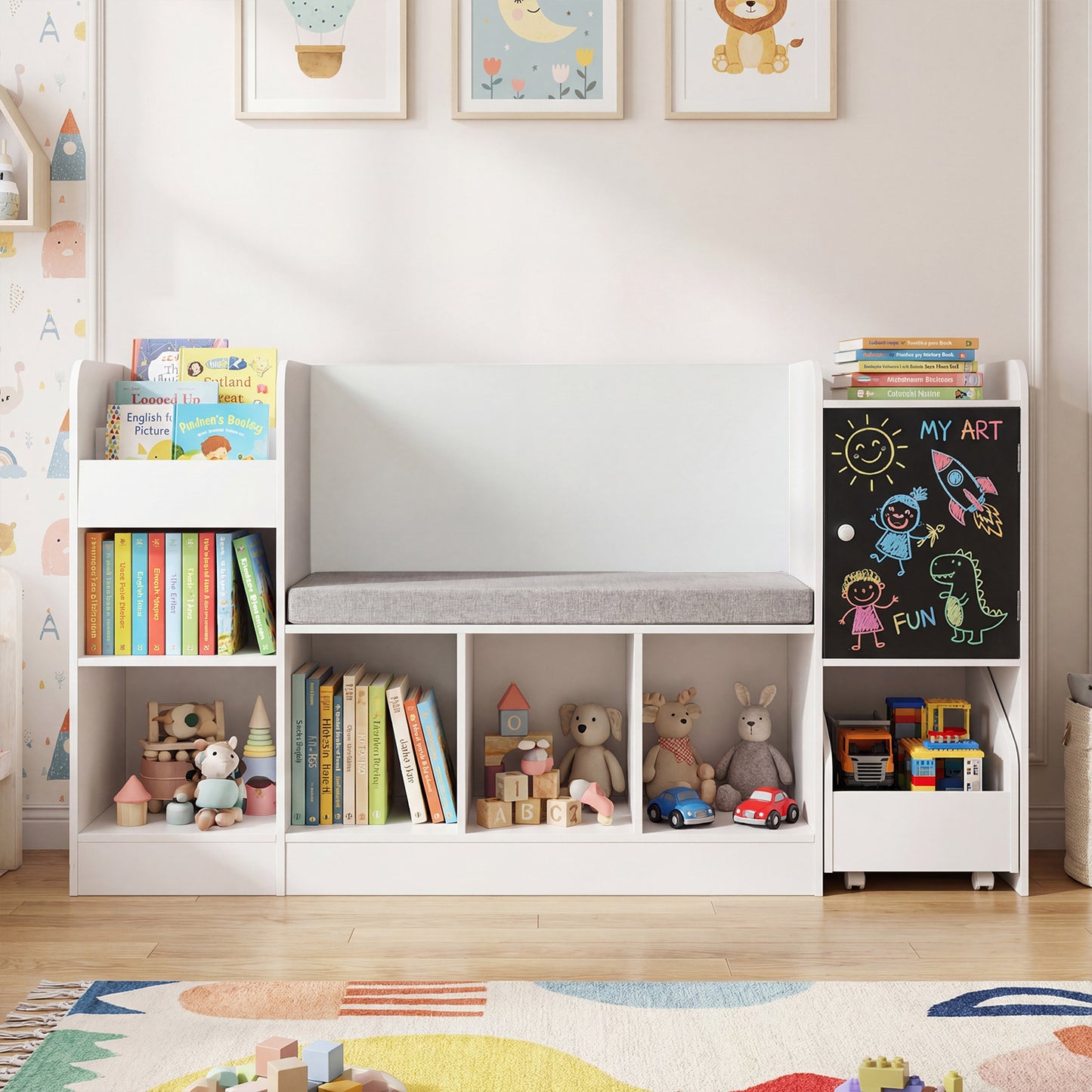 Kids Bookcase and Bookshelf with Reading Nook Toy Storage Organizer with Padded Seat Cushion-White