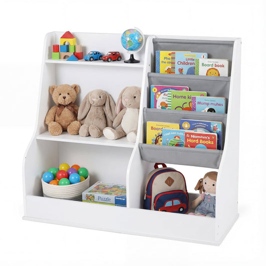 Kids Bookshelf 80 CM Wooden Toy Storage Organizer with 3 Tiers of Fabric Pockets-White