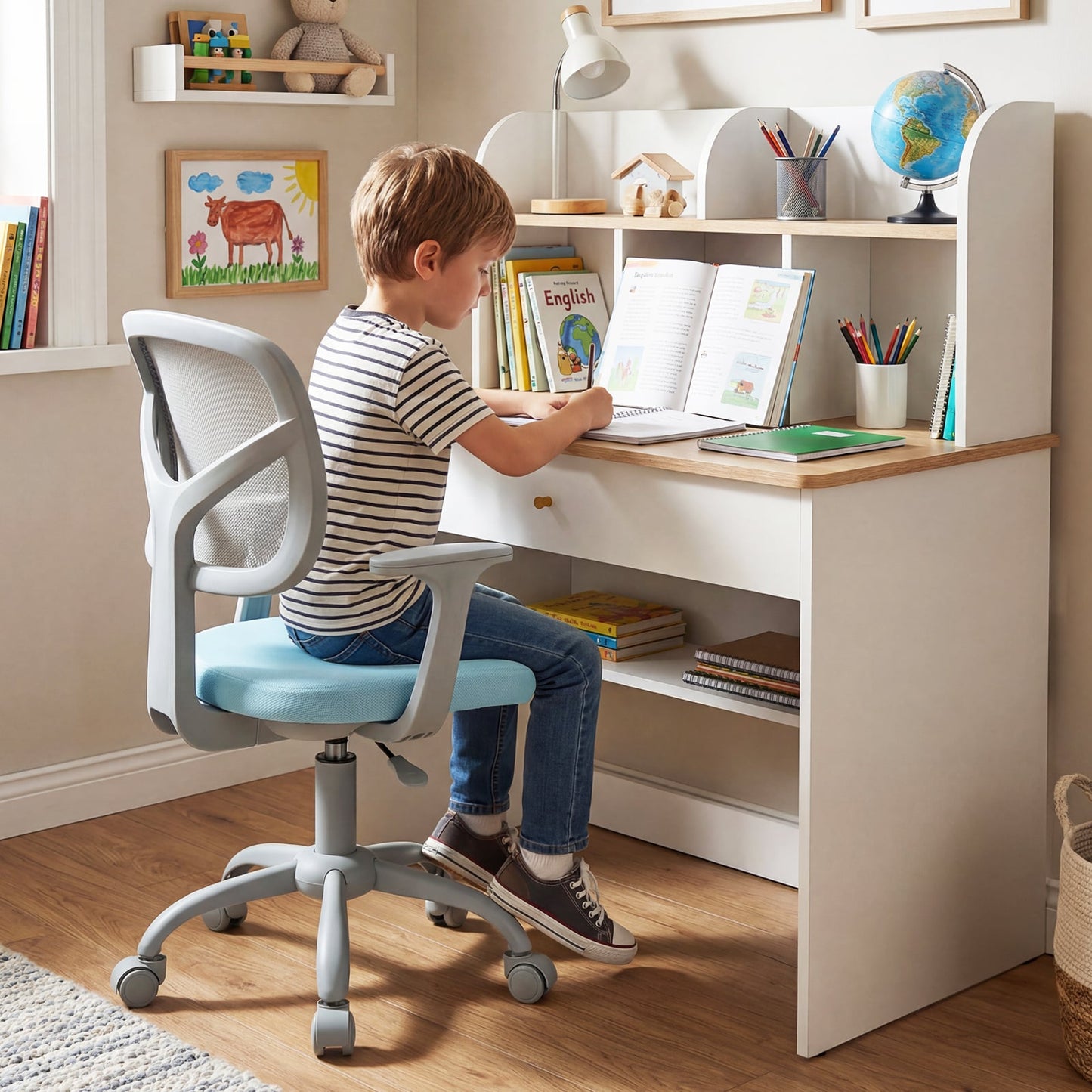 Kids Desk Chair with Adjustable Seat Height and Swivel Wheels for Ages 3+-Blue
