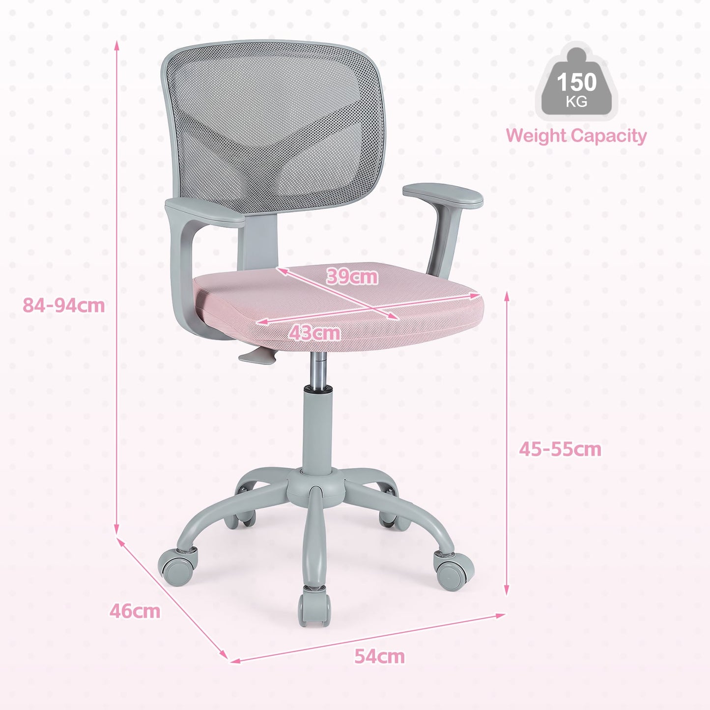 Kids Desk Chair with Adjustable Seat Height and Swivel Wheels for Ages 3+-Pink