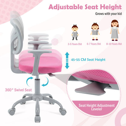 Kids Desk Chair with Adjustable Seat Height and Swivel Wheels for Ages 3+-Rose