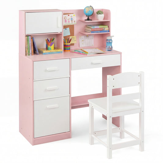Kids Desk and Chair Set Study Table with Hutch Bulletin Board 3 Drawers-Pink