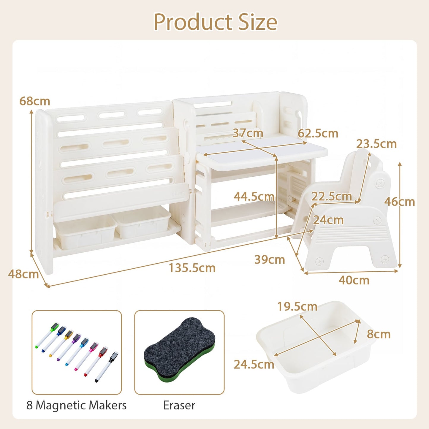 Kids Desk and Chair Set with Side Bookshelves and Whiteboard-Beige