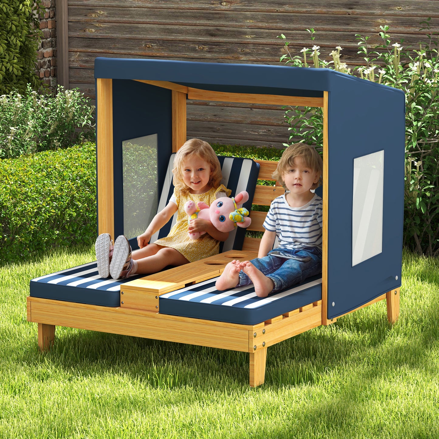 Kids Double Chaise Lounge with Cup Holders 2 Seats Patio Lounge Chair with Awning-Blue
