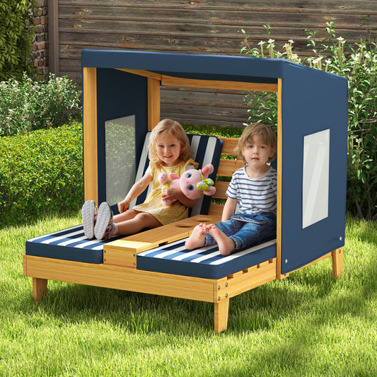 Kids Double Chaise Lounge with Cup Holders 2 Seats Patio Lounge Chair with Awning-Blue