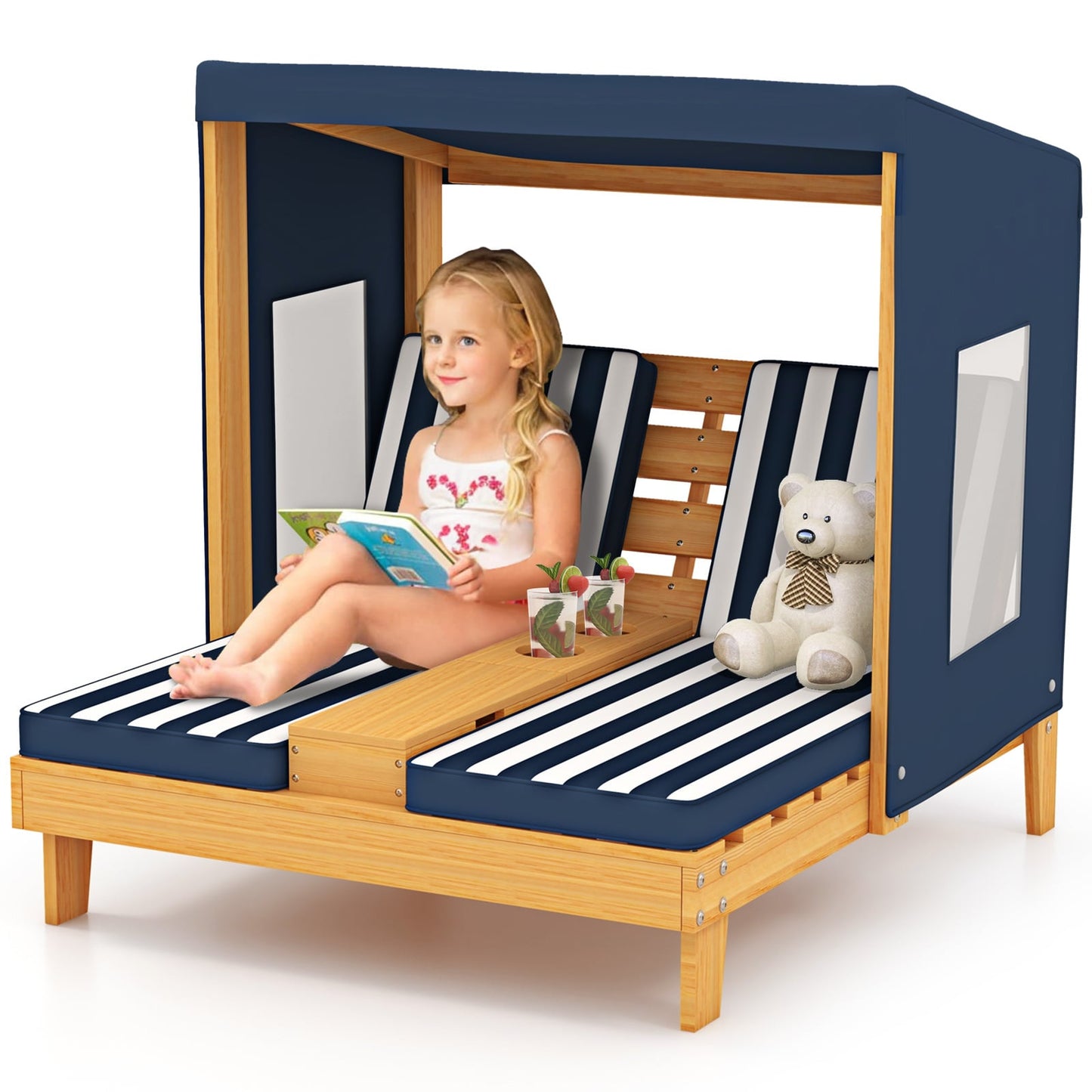 Kids Double Chaise Lounge with Cup Holders 2 Seats Patio Lounge Chair with Awning-Blue