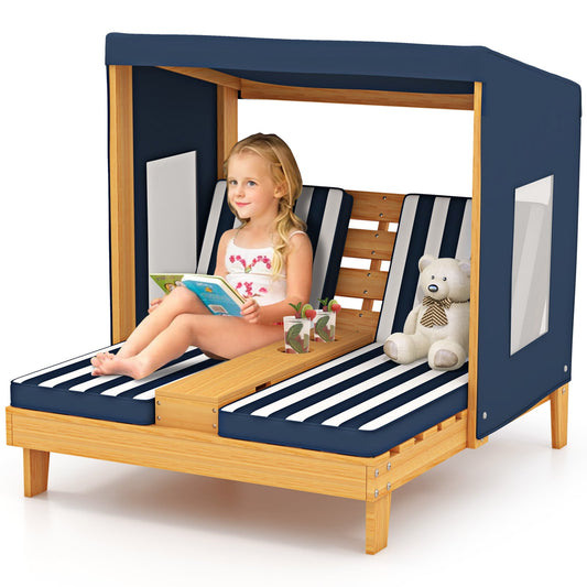 Kids Double Chaise Lounge with Cup Holders 2 Seats Patio Lounge Chair with Awning-Blue