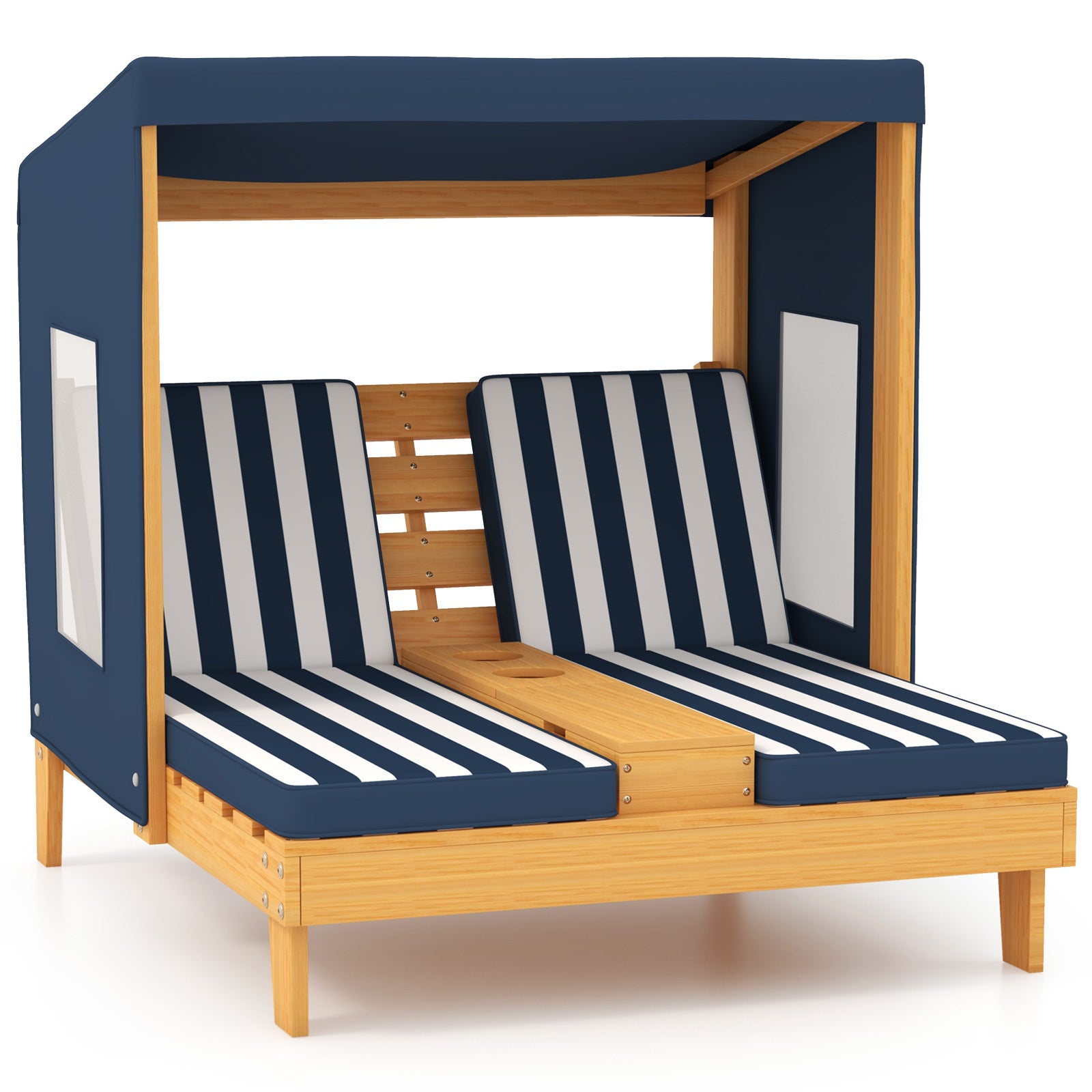 Kids Double Chaise Lounge with Cup Holders 2 Seats Patio Lounge Chair with Awning-Blue