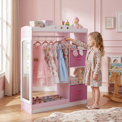 Kids Dress Up Storage with Full Length Mirror and Open Shelves-Pink