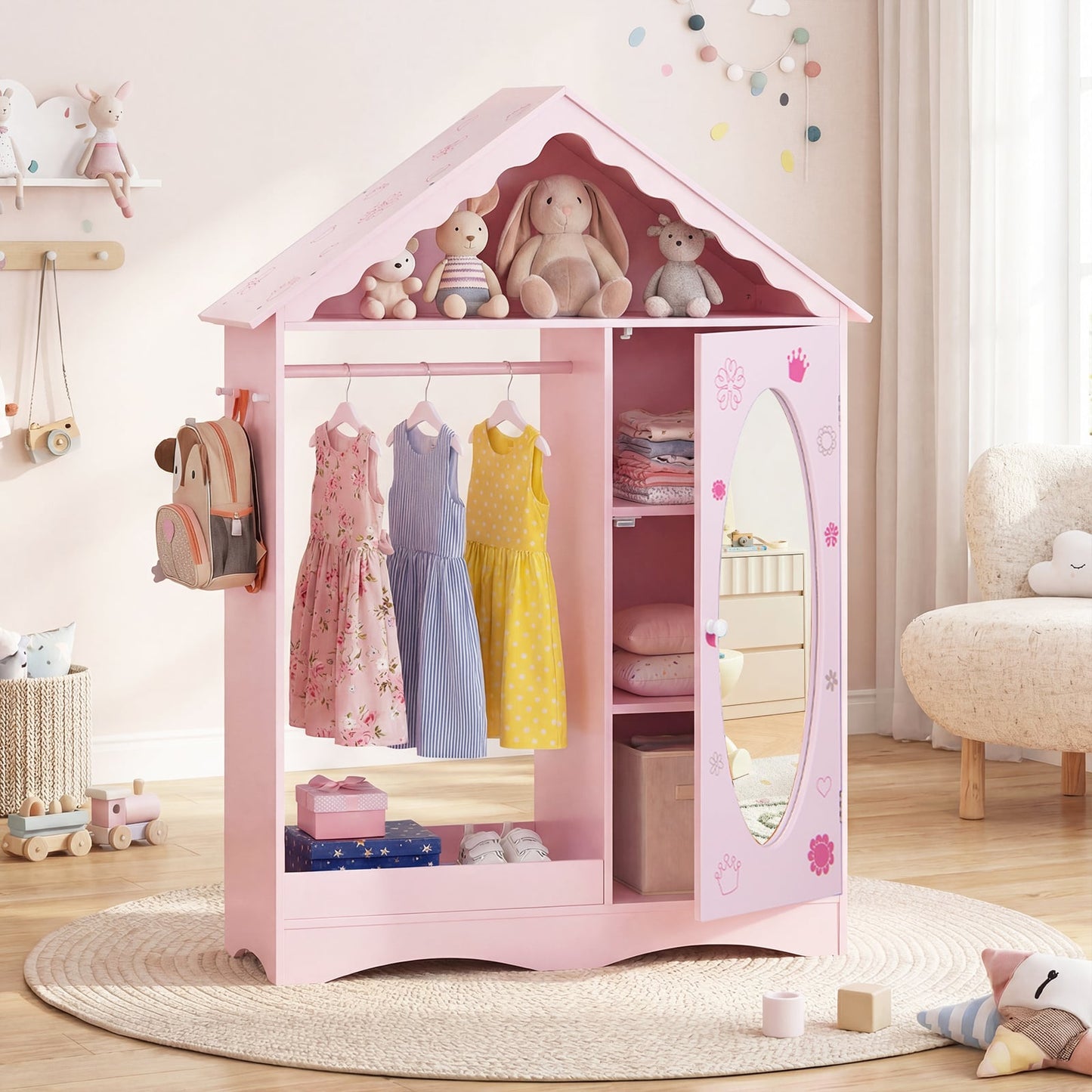 Kids Dress Up Storage with Mirror Roofed Wardrobe Closet with Open Hanging Rack-Pink