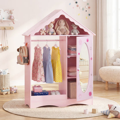 Kids Dress Up Storage with Mirror Roofed Wardrobe Closet with Open Hanging Rack-Pink
