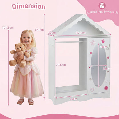 Kids Dress Up Storage with Mirror Roofed Wardrobe Closet with Open Hanging Rack-White
