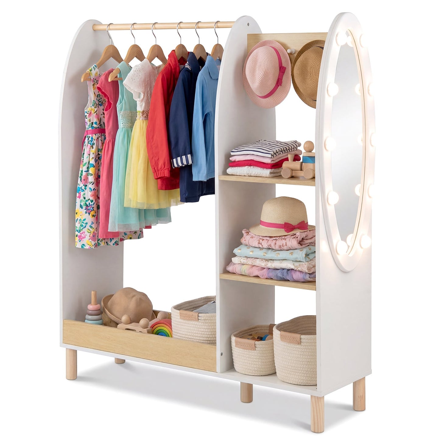 Kids Dress Up Storage with Mirror and Lights and Open Hanging Wardrobe Closet Armoire with Shelves and Hooks for Children-Natural