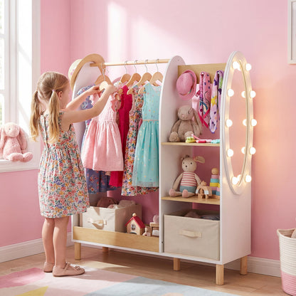 Kids Dress Up Storage with Mirror and Lights and Open Hanging Wardrobe Closet Armoire with Shelves and Hooks for Children-Natural