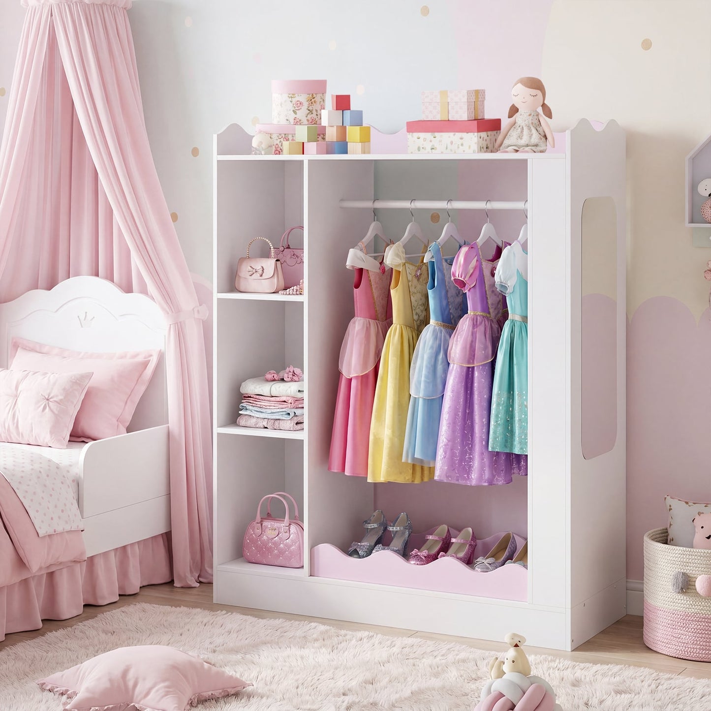 Kids Dress Up Storage with Mirrors and Open Hanging Rack for Bedroom-Pink