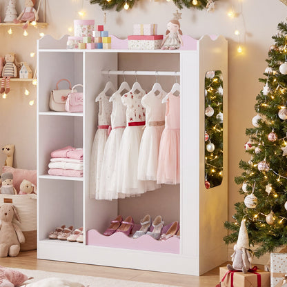 Kids Dress Up Storage with Mirrors and Open Hanging Rack for Bedroom-Pink