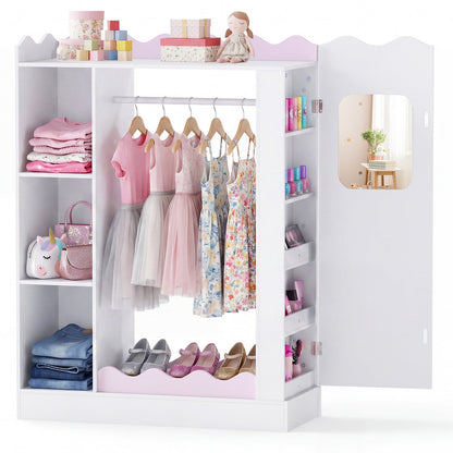 Kids Dress Up Storage with Mirrors and Open Hanging Rack for Bedroom-Pink