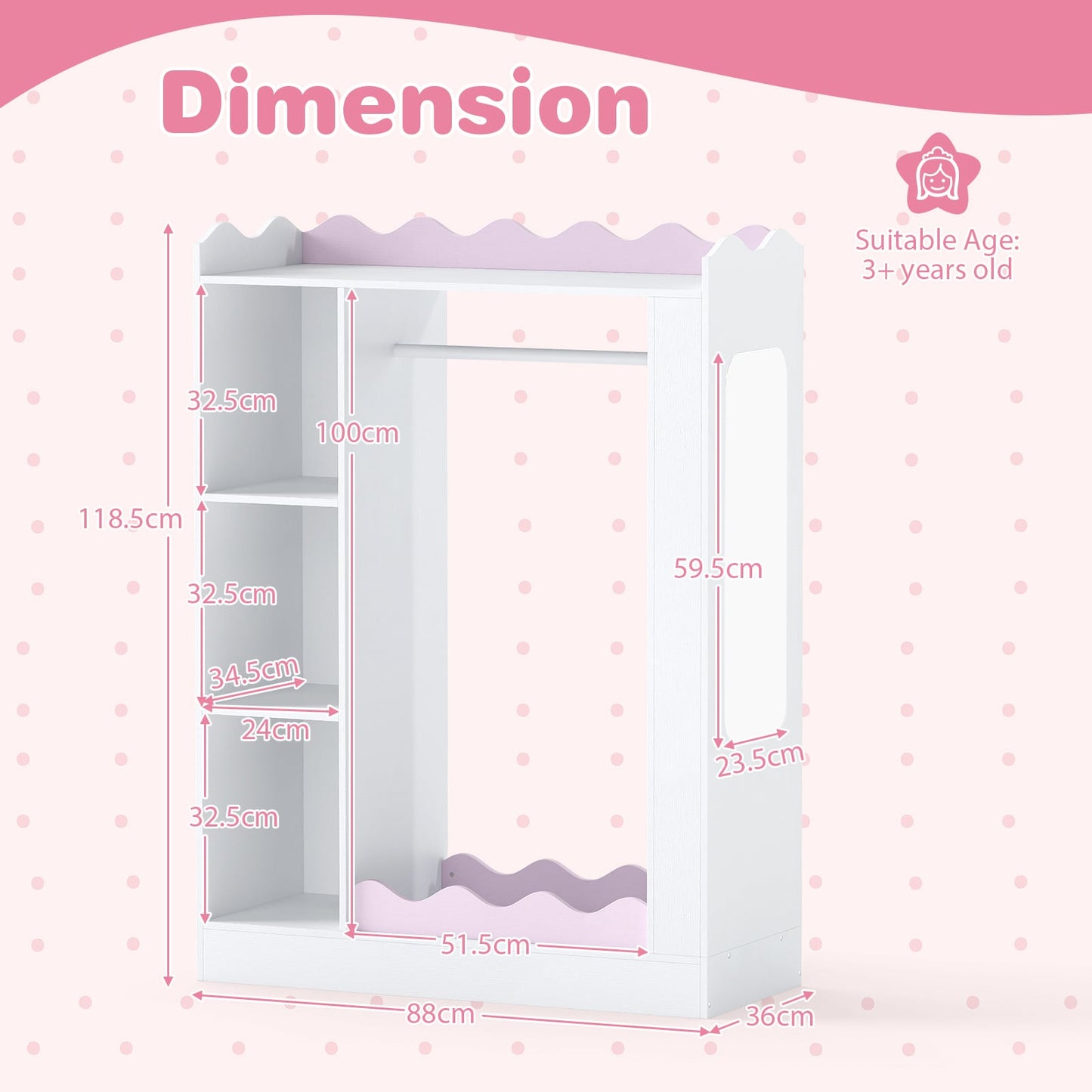 Kids Dress Up Storage with Mirrors and Open Hanging Rack for Bedroom-Pink