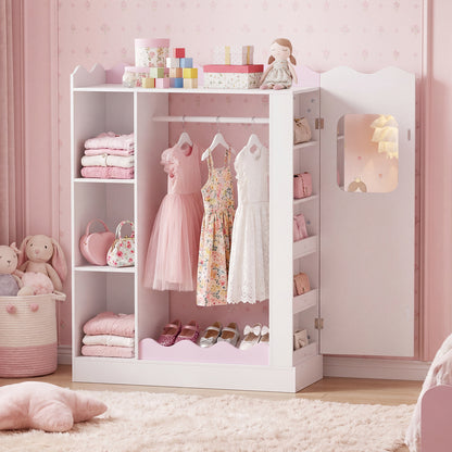 Kids Dress Up Storage with Mirrors and Open Hanging Rack for Bedroom-Pink