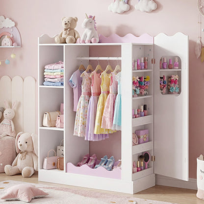 Kids Dress Up Storage with Mirrors and Open Hanging Rack for Bedroom-Pink