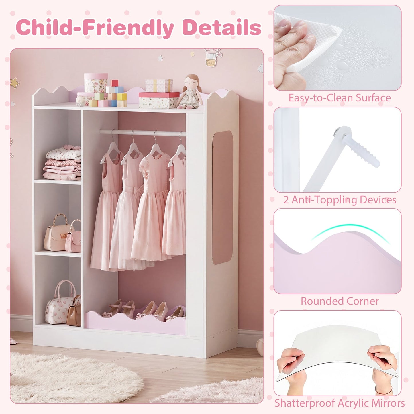Kids Dress Up Storage with Mirrors and Open Hanging Rack for Bedroom-Pink