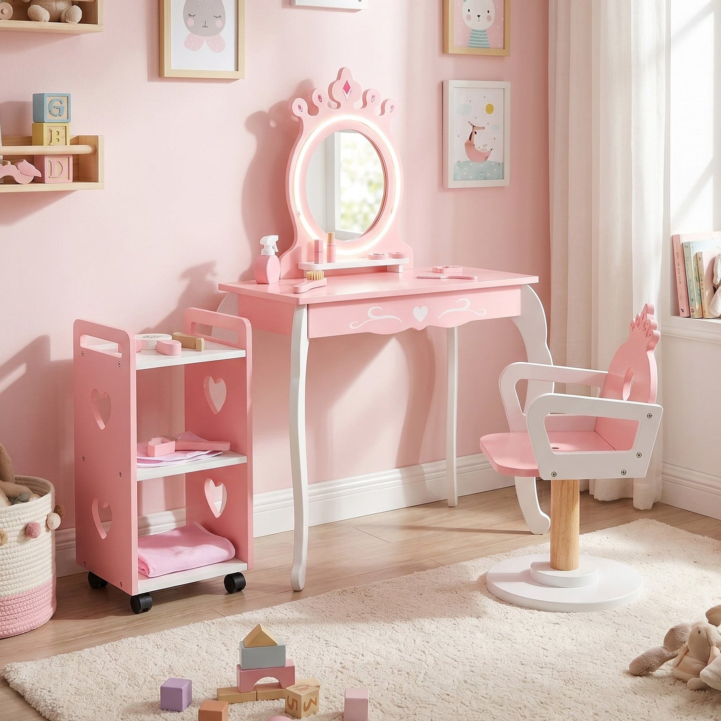 Kids Hair Salon Play Set with LED Lighted Mirror and Swivel Barber Chair-Pink