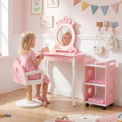Kids Hair Salon Play Set with LED Lighted Mirror and Swivel Barber Chair-Pink