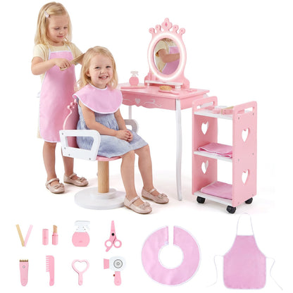 Kids Hair Salon Play Set with LED Lighted Mirror and Swivel Barber Chair-Pink