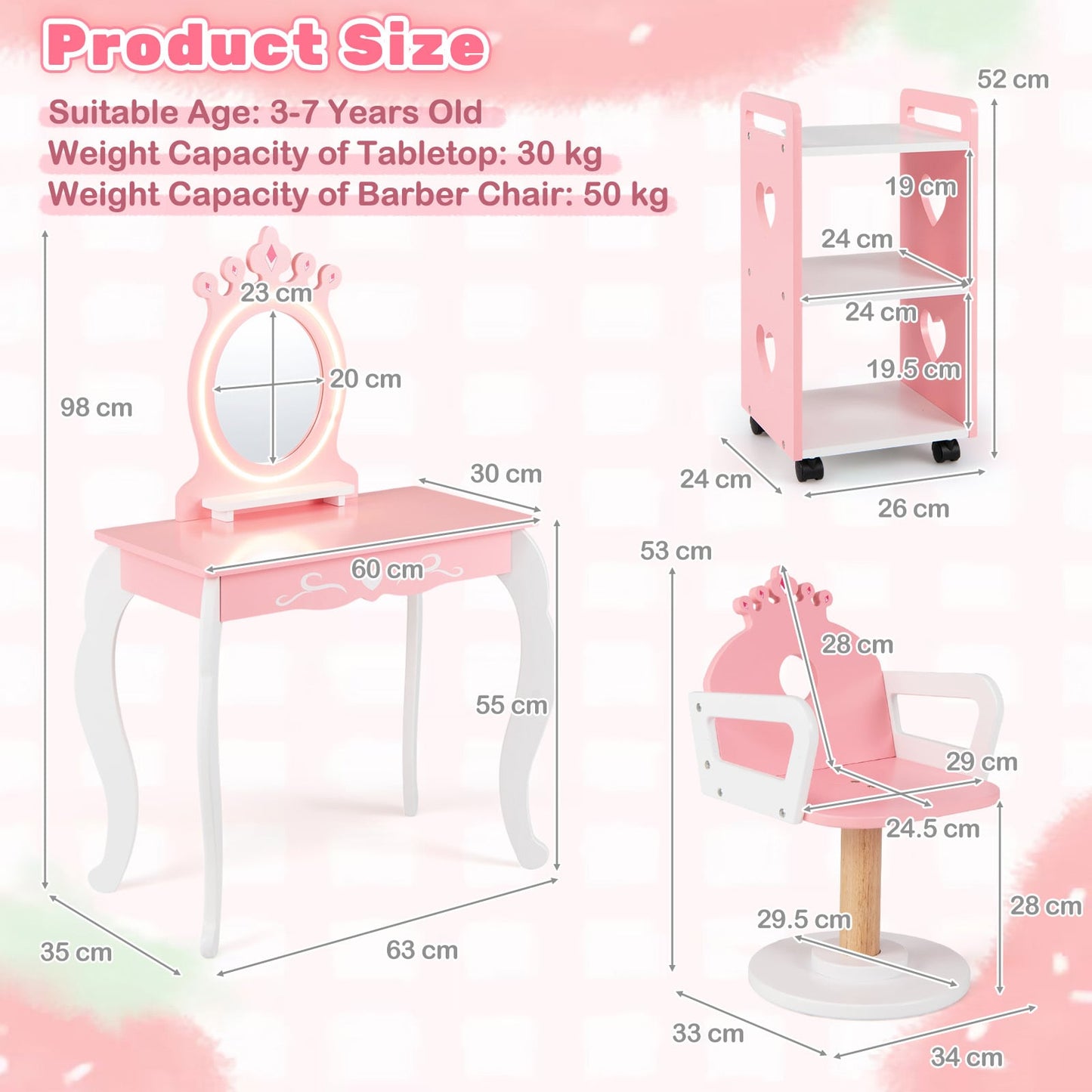 Kids Hair Salon Play Set with LED Lighted Mirror and Swivel Barber Chair-Pink