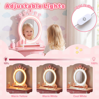 Kids Hair Salon Play Set with LED Lighted Mirror and Swivel Barber Chair-Pink