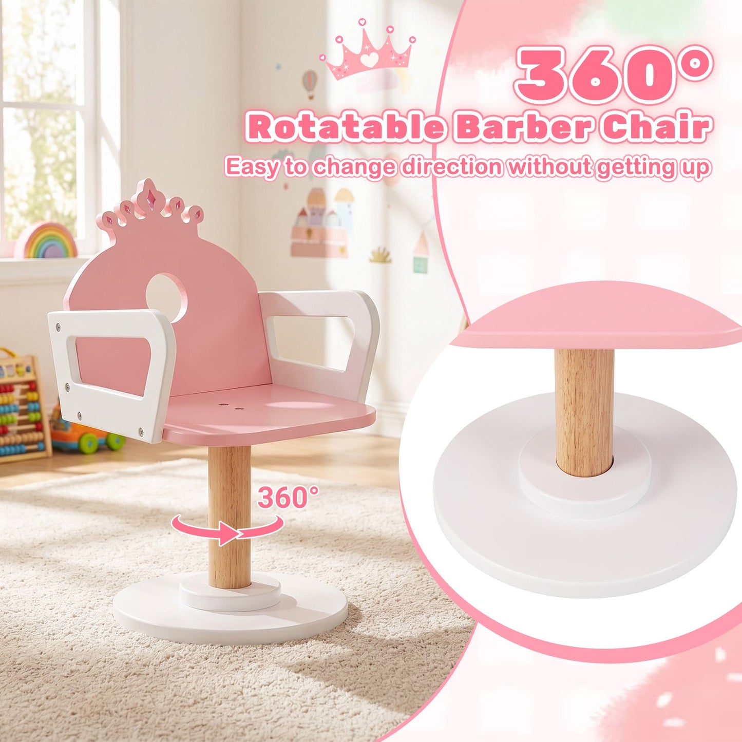 Kids Hair Salon Play Set with LED Lighted Mirror and Swivel Barber Chair-Pink