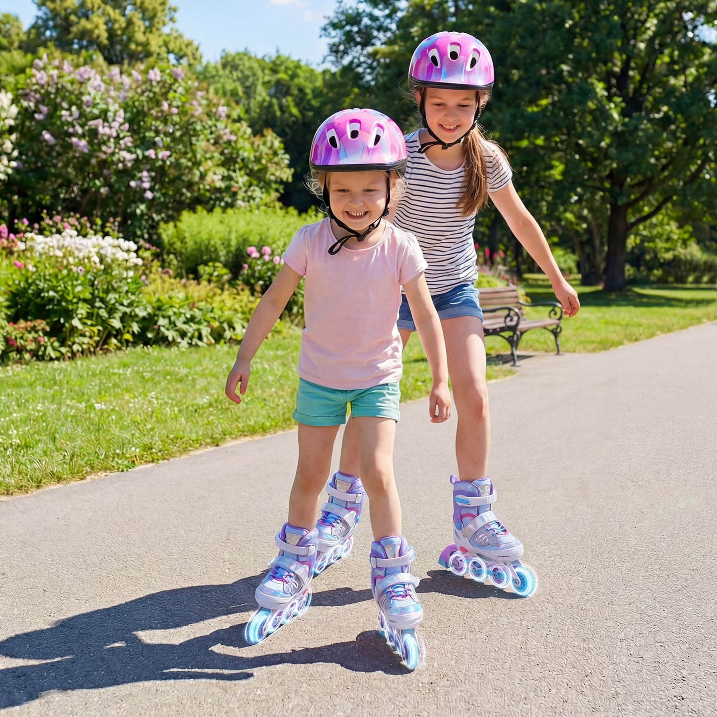 Kids Inline Skates Adjustable length and Illuminating Beginner Skating Shoes with Safety Strap-Blue