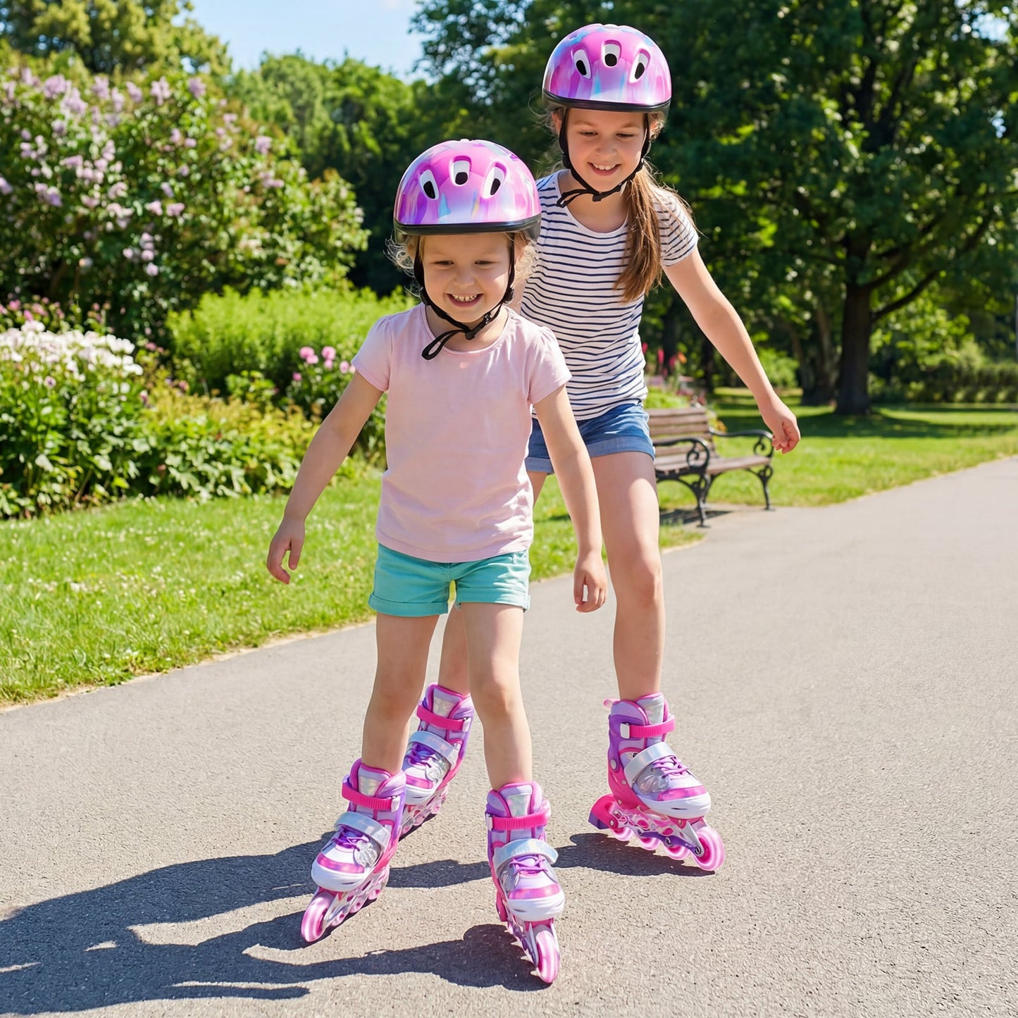 Kids Inline Skates Adjustable length and Illuminating Beginner Skating Shoes with Safety Strap-Pink