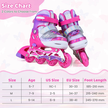 Kids Inline Skates Adjustable length and Illuminating Beginner Skating Shoes with Safety Strap-Pink