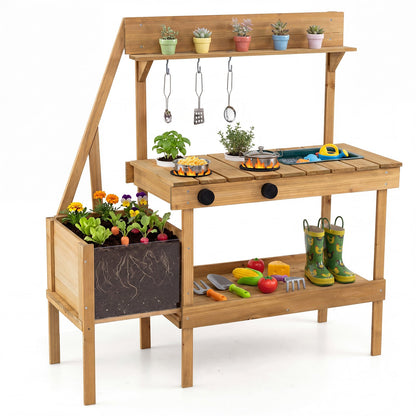 Kids Mud Kitchen with Planter Box and 8 Accessories for Toddlers Aged 3+-Natrual