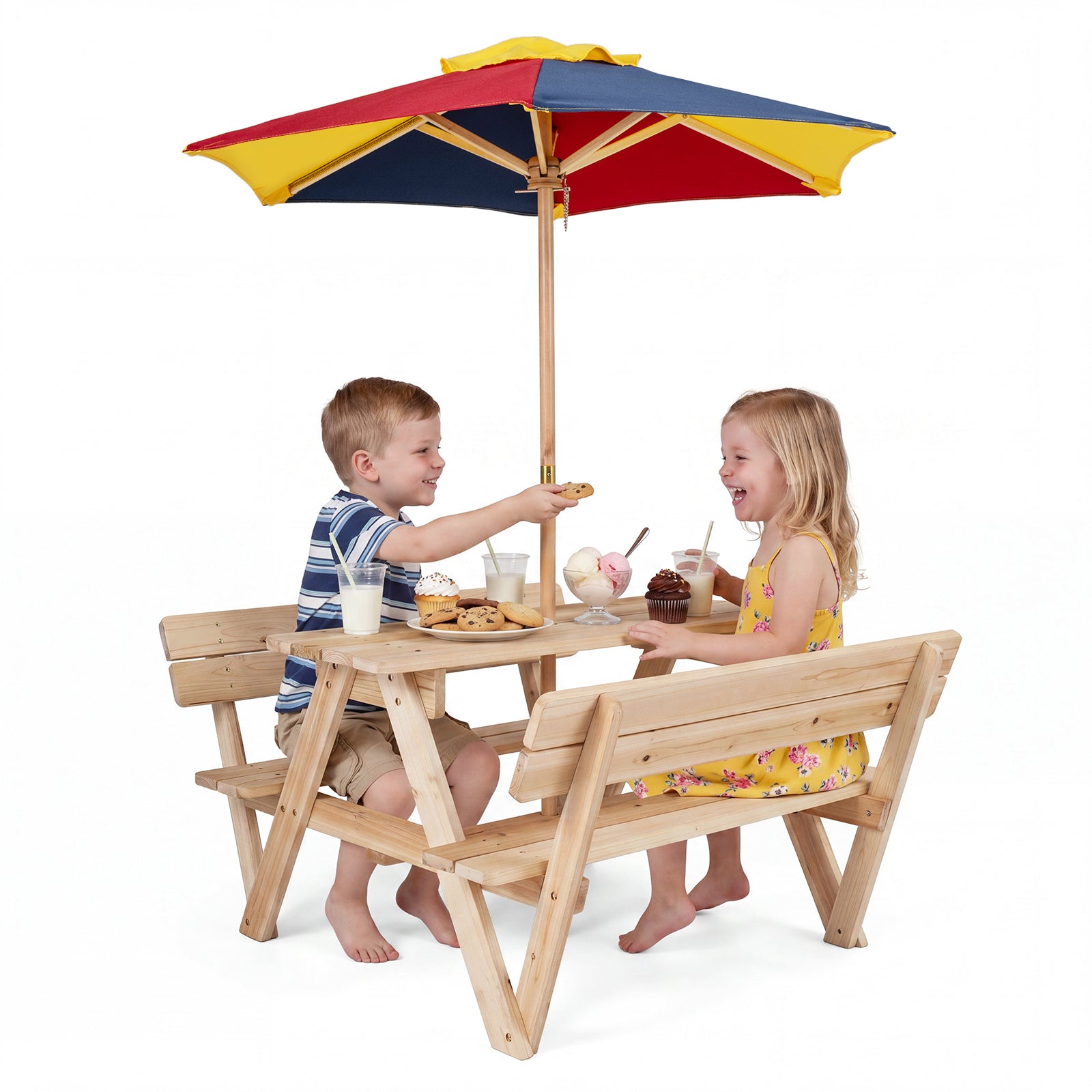 Kids' Outdoor Table with 2 Built-in Benches and Removable Umbrella-Natural