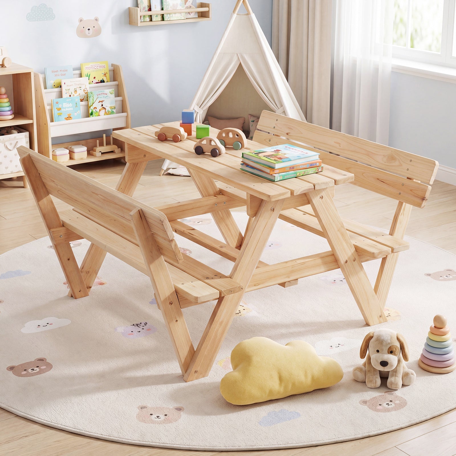 Kids' Outdoor Table with 2 Built-in Benches and Removable Umbrella-Natural
