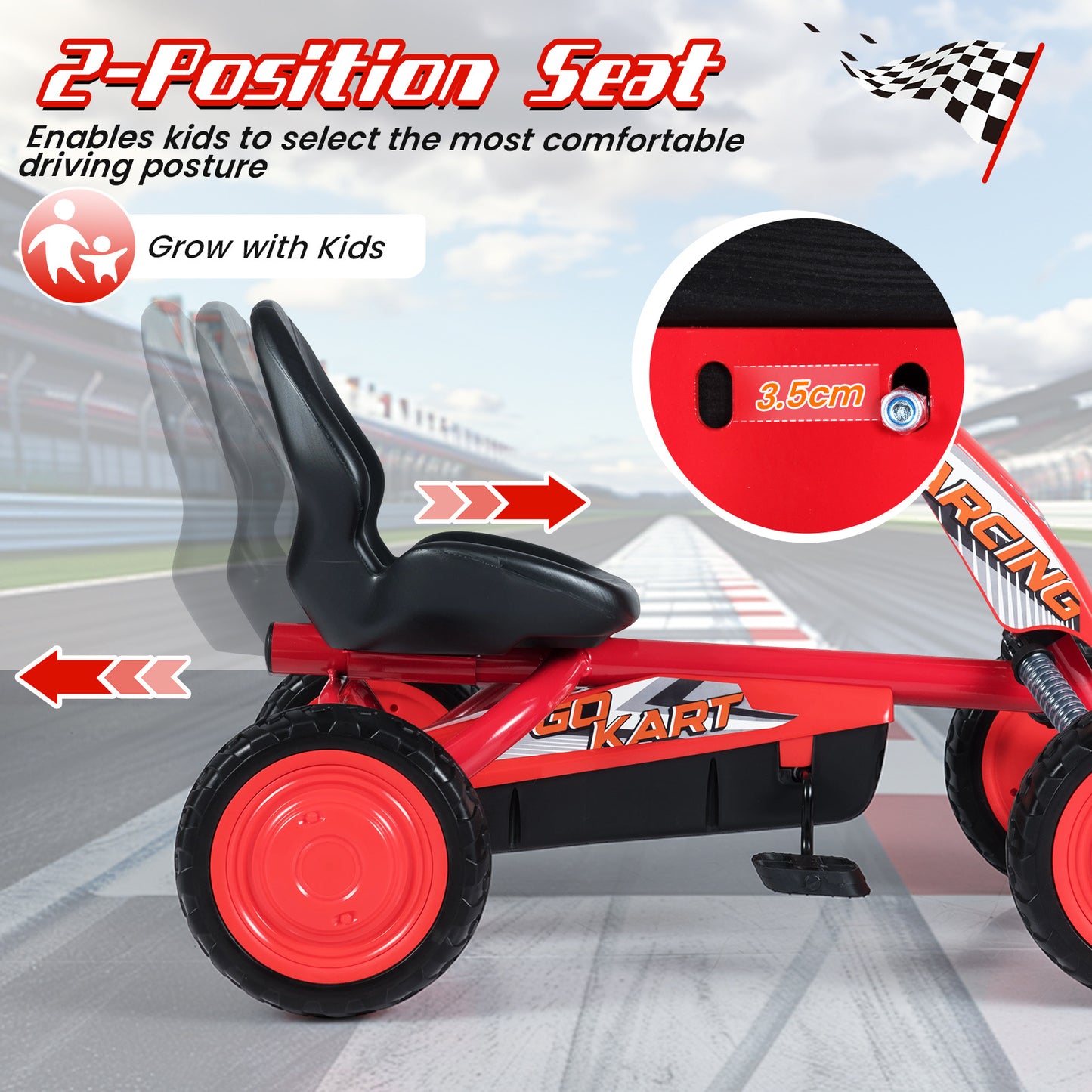Kids Pedal Go Kart 4 Wheel with 2-Position Seat & Wear-Resistant Wheels-Red