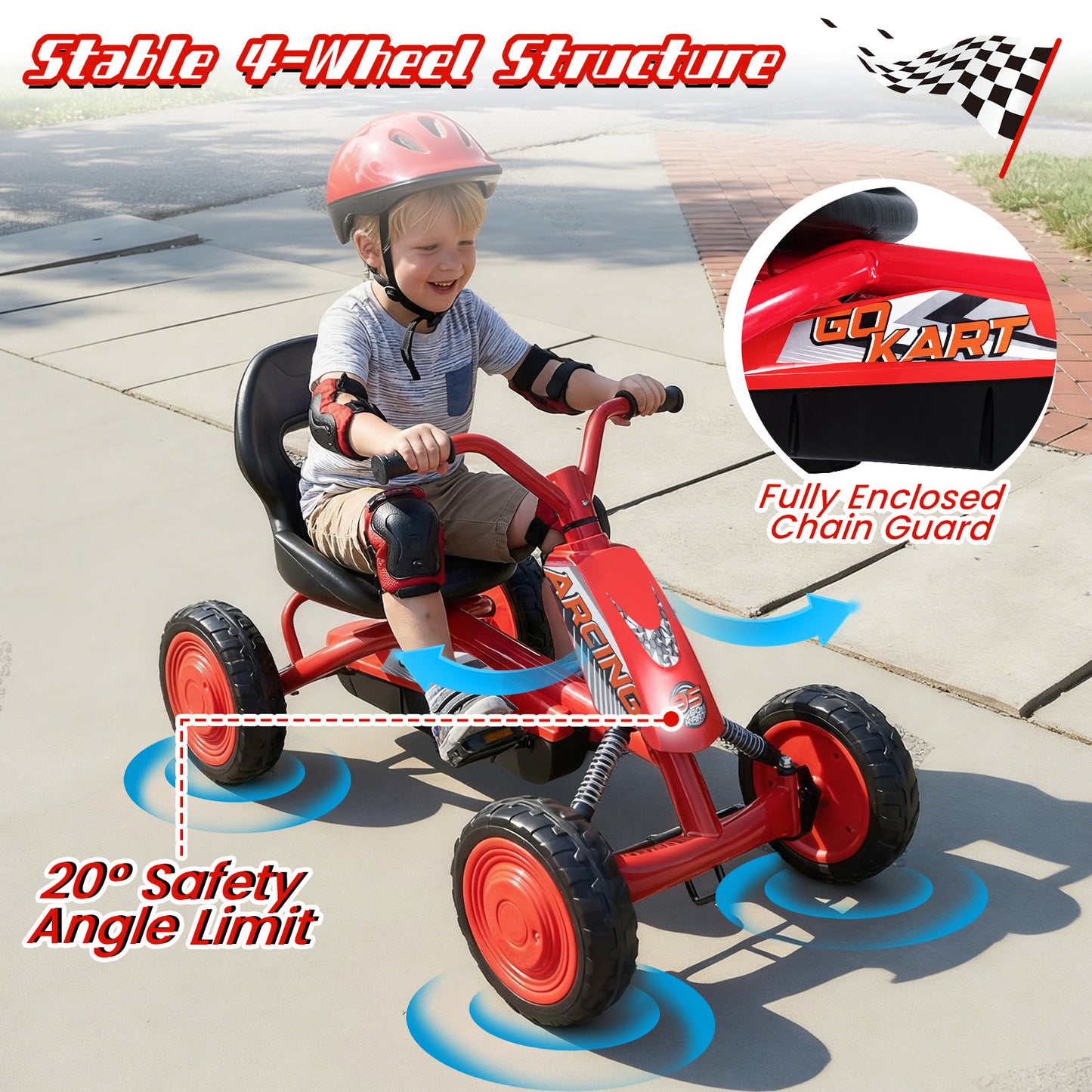 Kids Pedal Go Kart 4 Wheel with 2-Position Seat & Wear-Resistant Wheels-Red