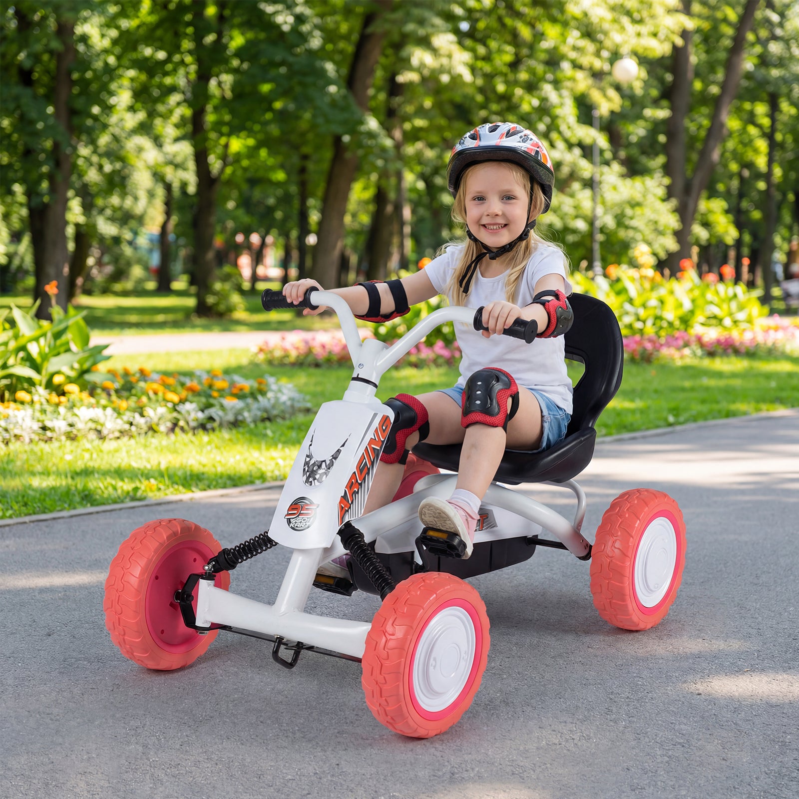 Kids Pedal Go Kart 4 Wheel with 2-Position Seat & Wear-Resistant Wheels-White