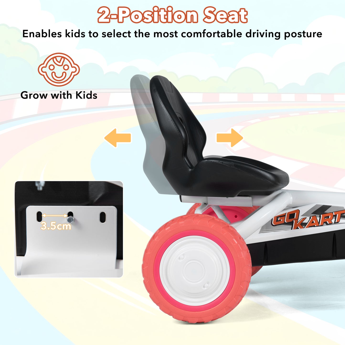 Kids Pedal Go Kart 4 Wheel with 2-Position Seat & Wear-Resistant Wheels-White