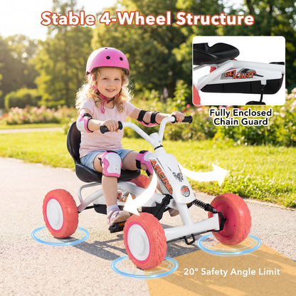 Kids Pedal Go Kart 4 Wheel with 2-Position Seat & Wear-Resistant Wheels-White