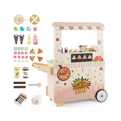 Kids Pizza Food Truck Wooden Pretend Play Snack Cart with Oven-Pink