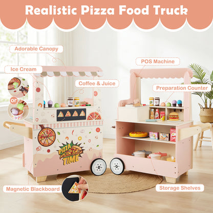 Kids Pizza Food Truck Wooden Pretend Play Snack Cart with Oven-Pink