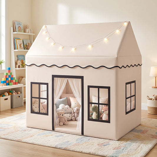 Kids Play Tent with Detachable Playpen and Star Lights-Beige