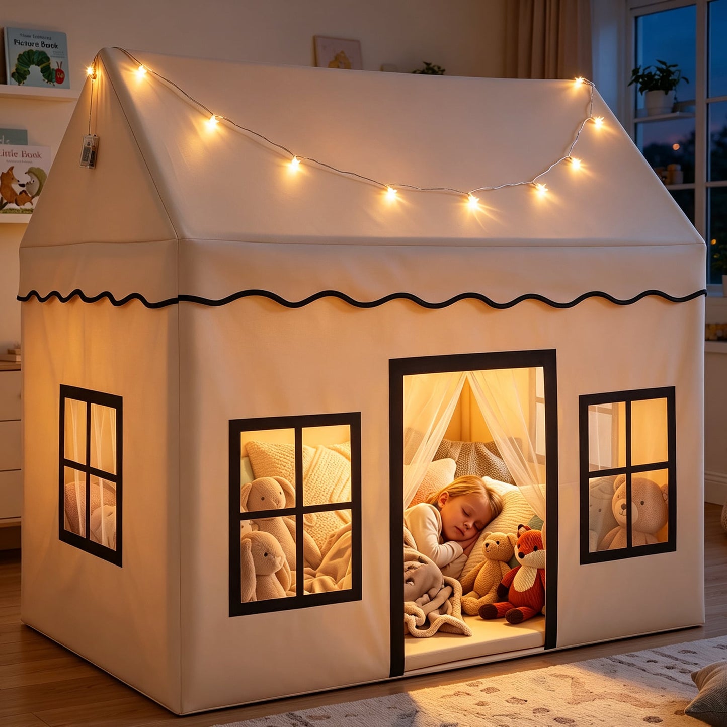 Kids Play Tent with Detachable Playpen and Star Lights-Beige