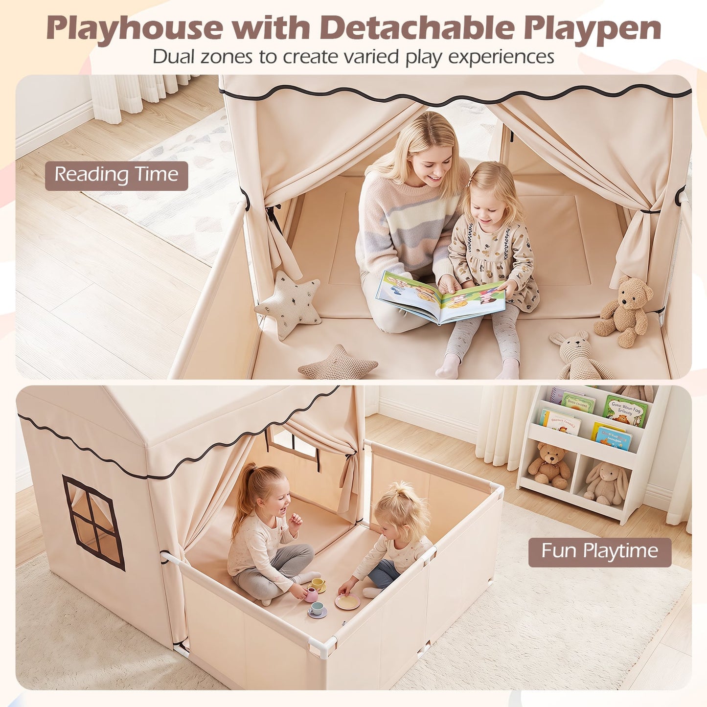 Kids Play Tent with Detachable Playpen and Star Lights-Beige